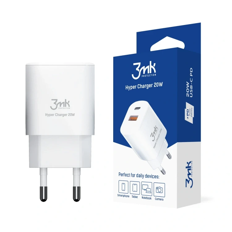 Ładowarka sieciowa 3mk została wyposażona w port USB - A oraz USB - C o mocy 20W.