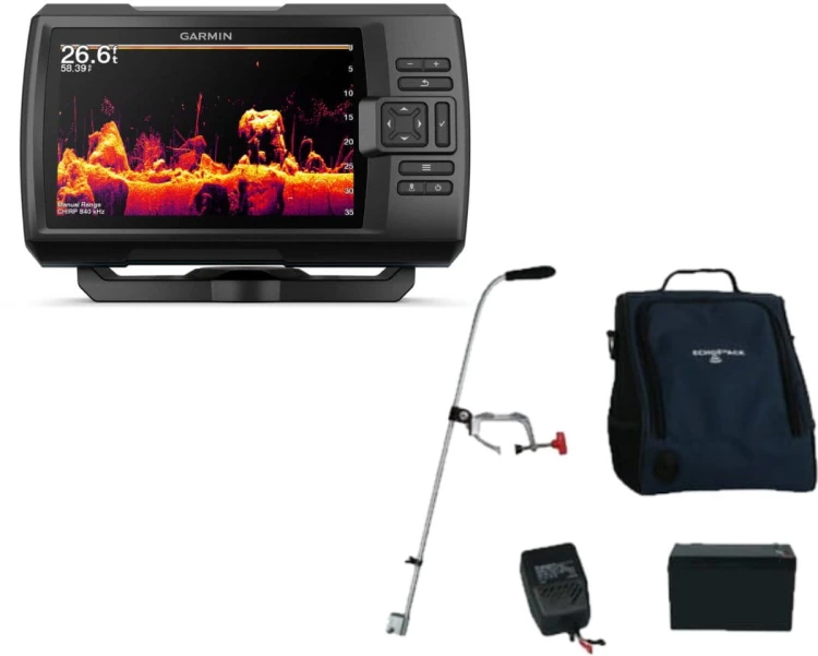 Zestaw echosondy Garmin Striker Vivid 7cv wraz z zestawem przenośnym.