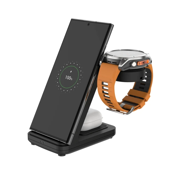 Bezprzewodowa stacja ładująca do telefonu z adapterem do ładowania zegarka Garmin.