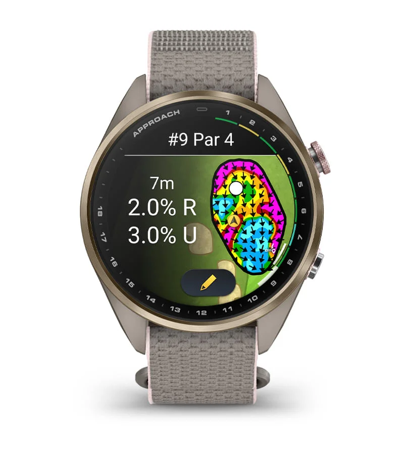 Widok funkcji odczytu greenu z poziomicami na ekranie zegarka Garmin Approach S72
