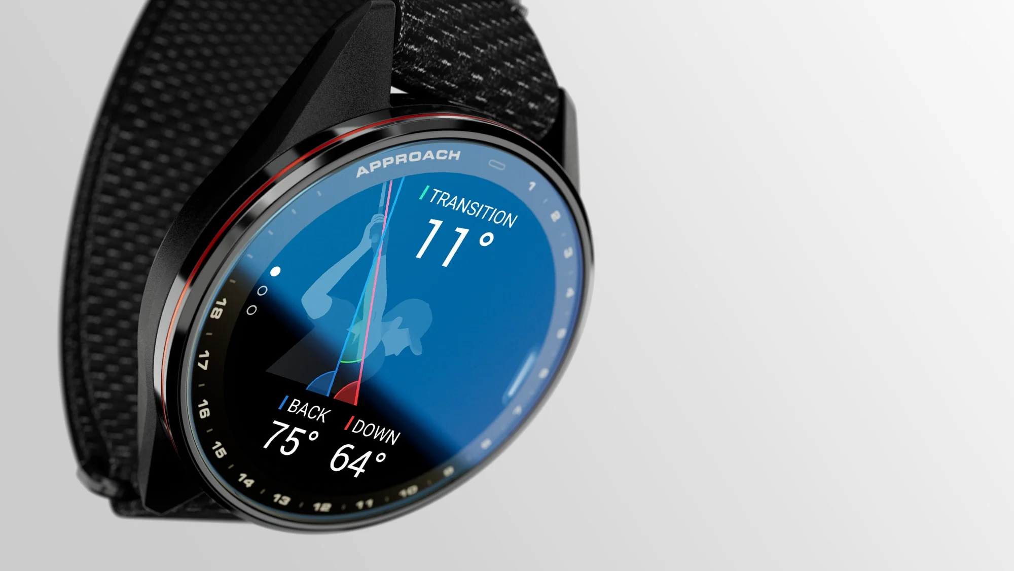 Widok panelu ze statystykami i parametrami swingu w zegarku Garmin Approach S72