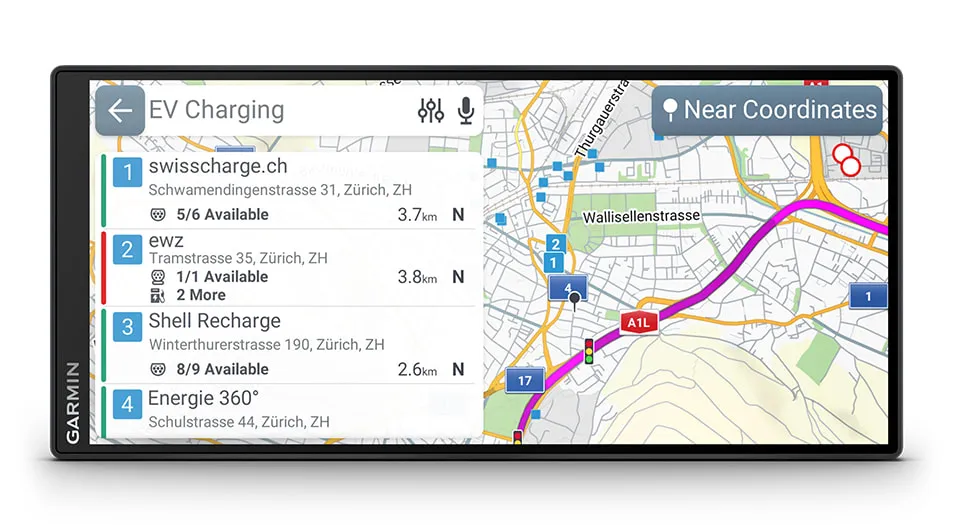 Ekran nawigacji z mapą stacji ładowania pojazdów elektrycznych