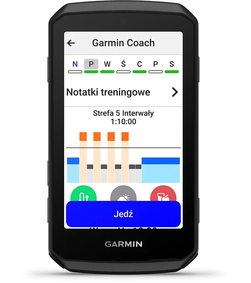 Ekran komputera kolarskiego ze wskaźnikami spersonalizowanego planu treningowego Garmin Coach