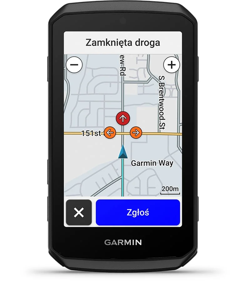 Ekran nawigacji Garmin wyświetlający alert ostrzegawczy o zagrożeniu na drodze