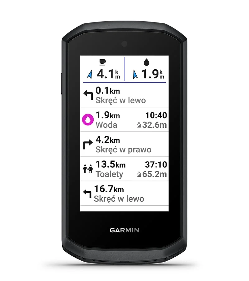 Ekran komputera rowerowego z listą punktów POI Przed Tobą