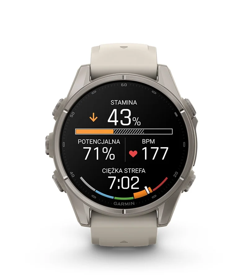 Ekran zegarka Garmin z analizą staminy i wskaźnikami treningowymi