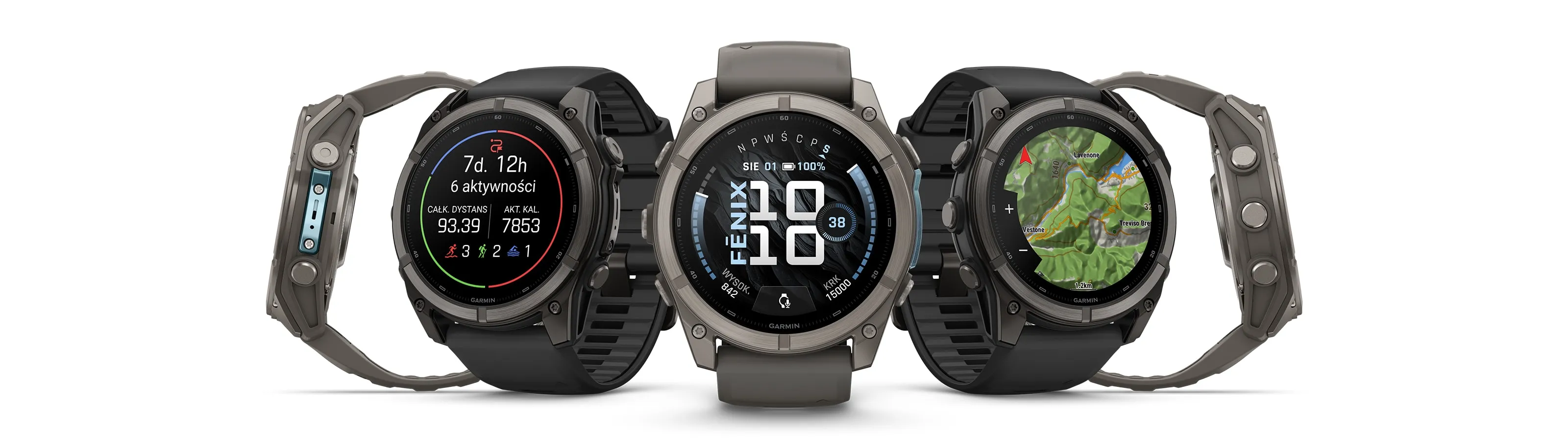 Smartwatch Garmin z ciemnym paskiem i tytanową kopertą na jasnym tle