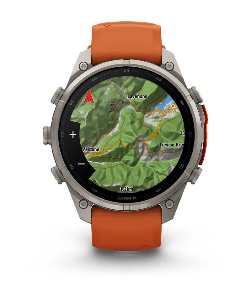 Smartwatch Garmin pokazujący szczegółową mapę topograficzną terenu