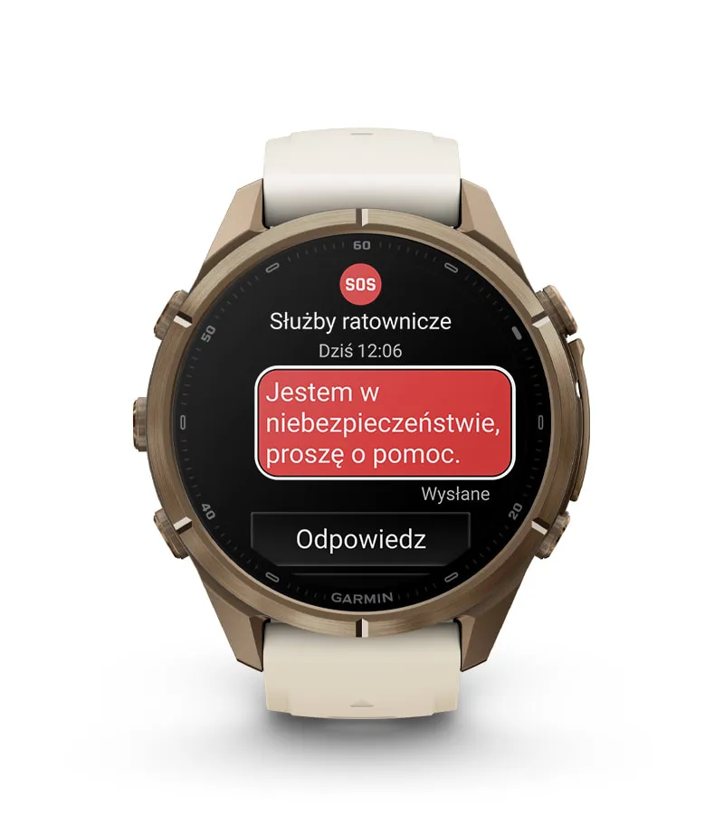 Ekran zegarka z aktywnym powiadomieniem SOS Garmin Response