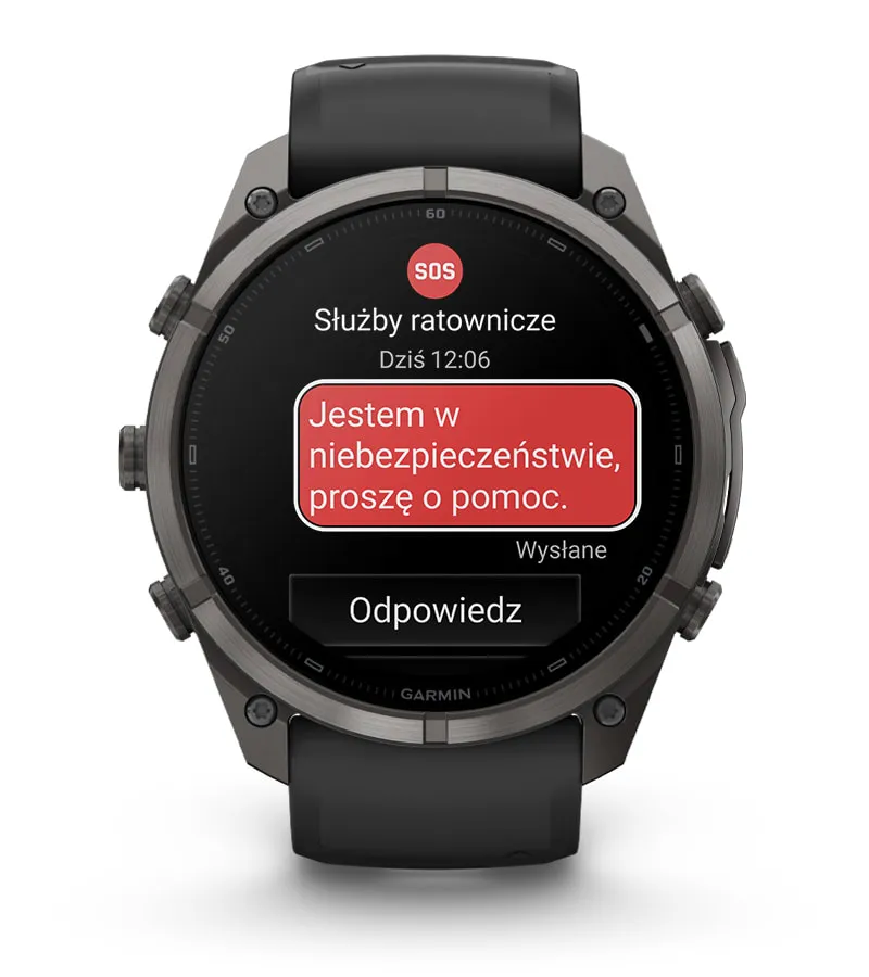 Wyświetlacz zegarka prezentujący funkcję nadawania sygnału SOS