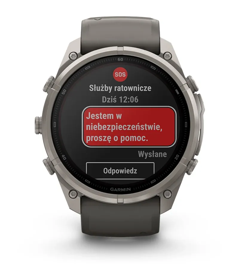 Wyświetlacz zegarka wysyłający sygnał SOS do Garmin Response