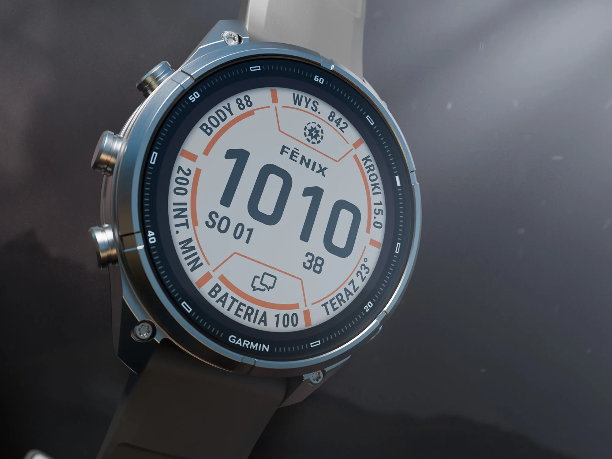 Zbliżenie na tytanową obudowę smartwatcha Garmin z boku