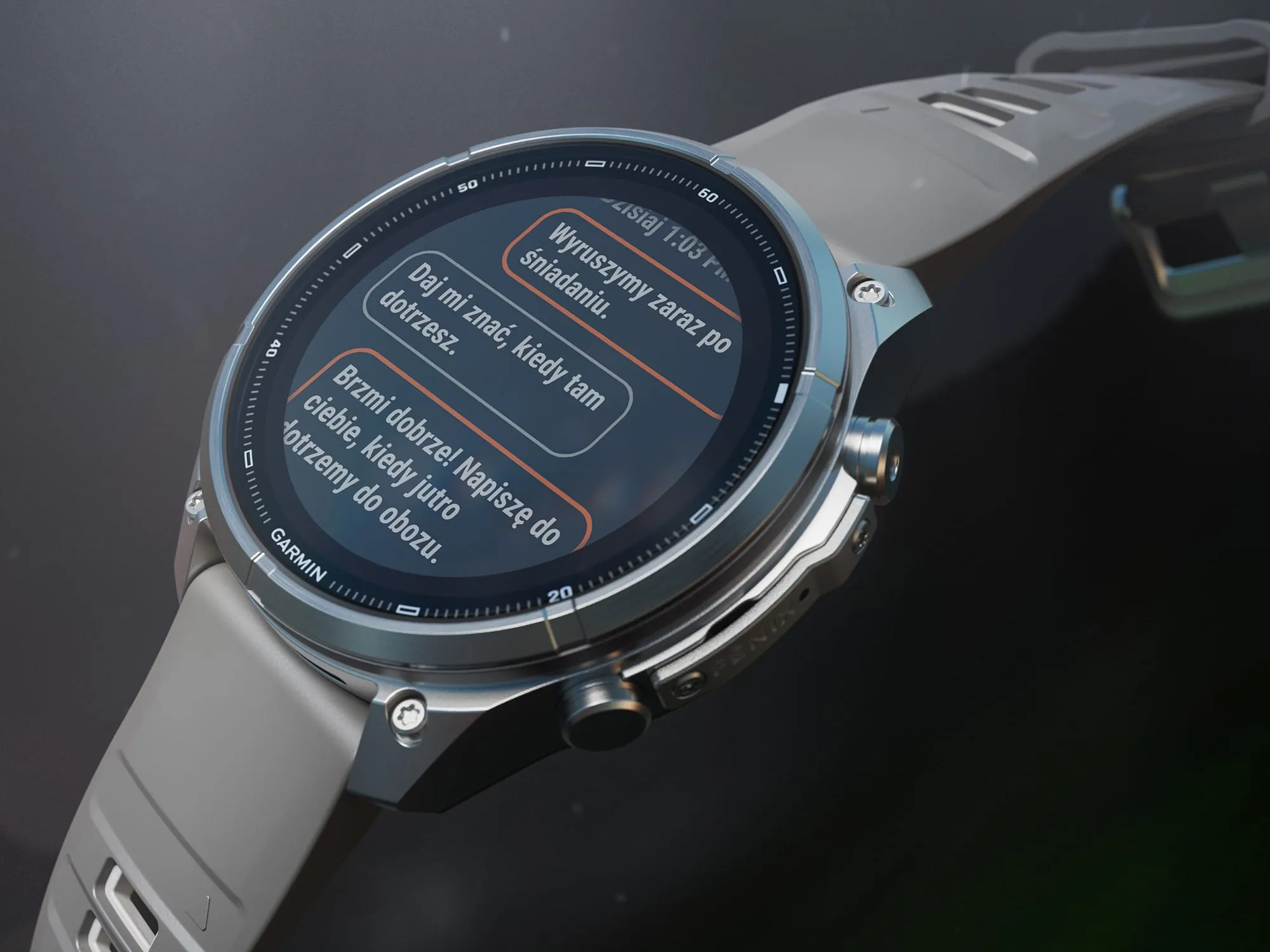 Smartwatch Garmin Fēnix 9 Pro wyświetlający komunikat i wiadomości tekstowe