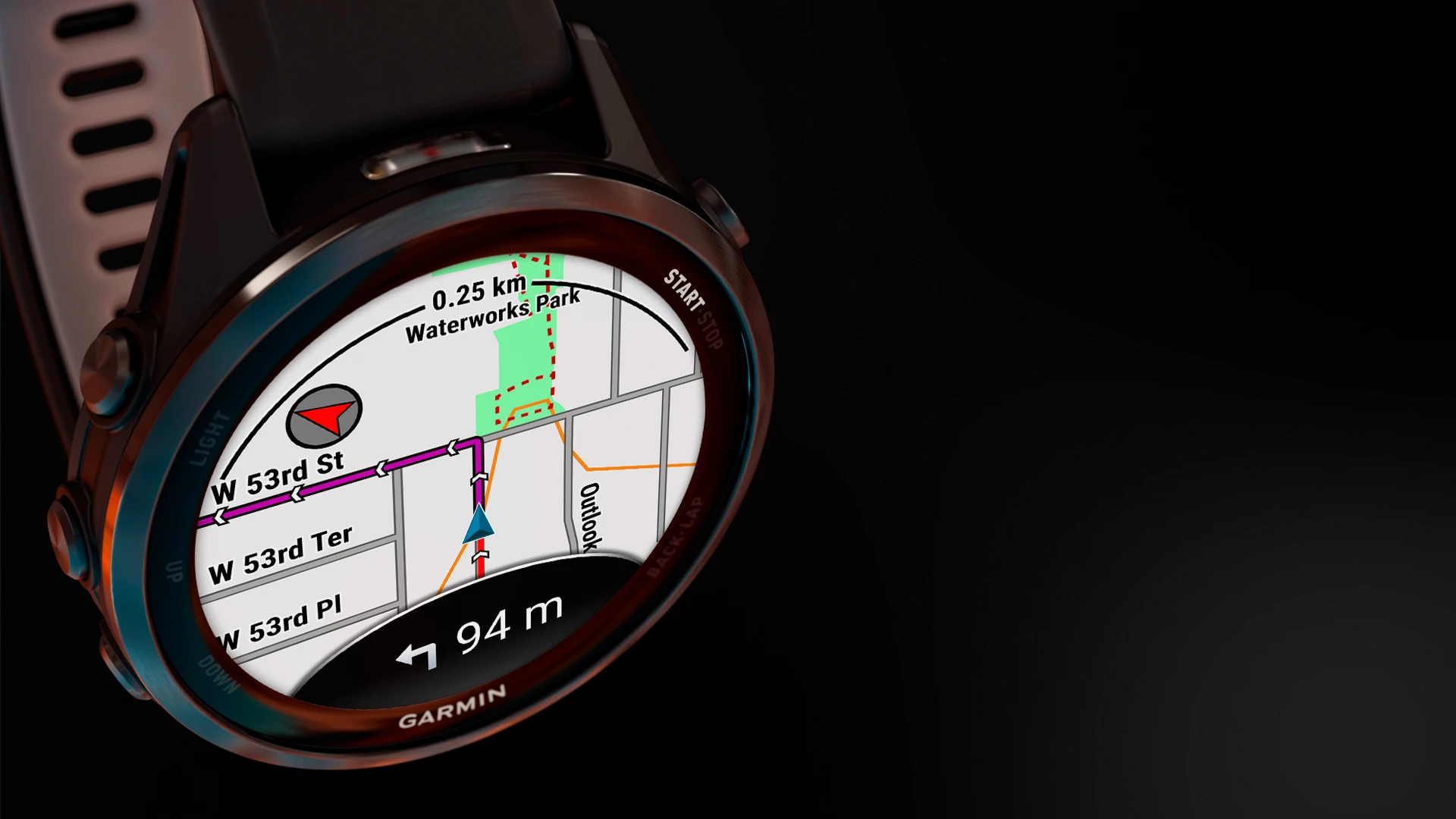 Zegarek Garmin Forerunner 970 prezentujący kolorową mapę nawigacyjną