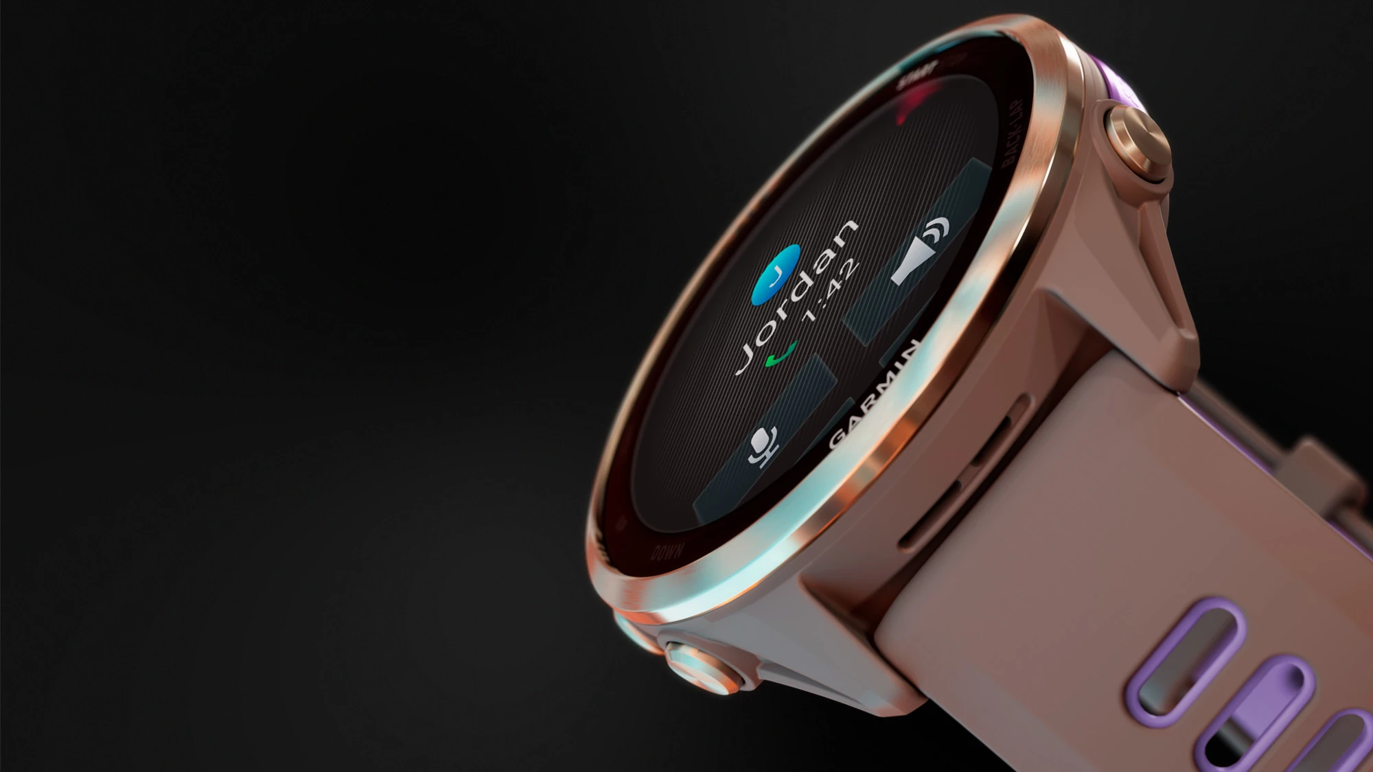 Wyświetlacz zegarka Garmin Forerunner 970 pokazujący interfejs rozmowy telefonicznej