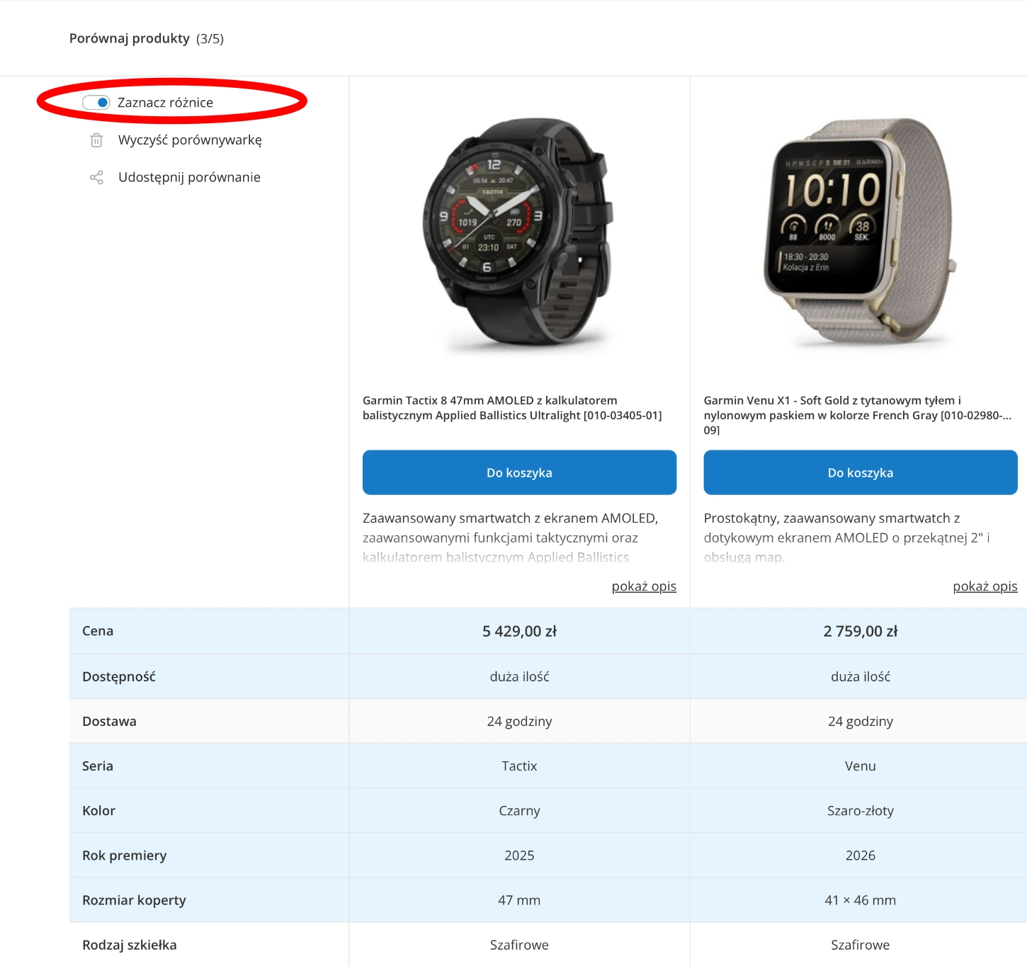 Porównanie zegarków Garmin